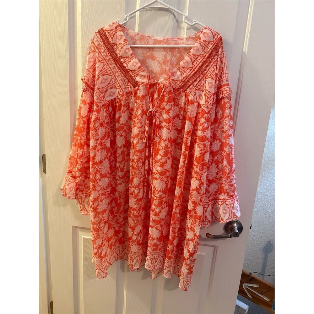 Sheer Tunic Swimsuit Cover Up Dress Boho Peasant Blouse Coral Floral XL